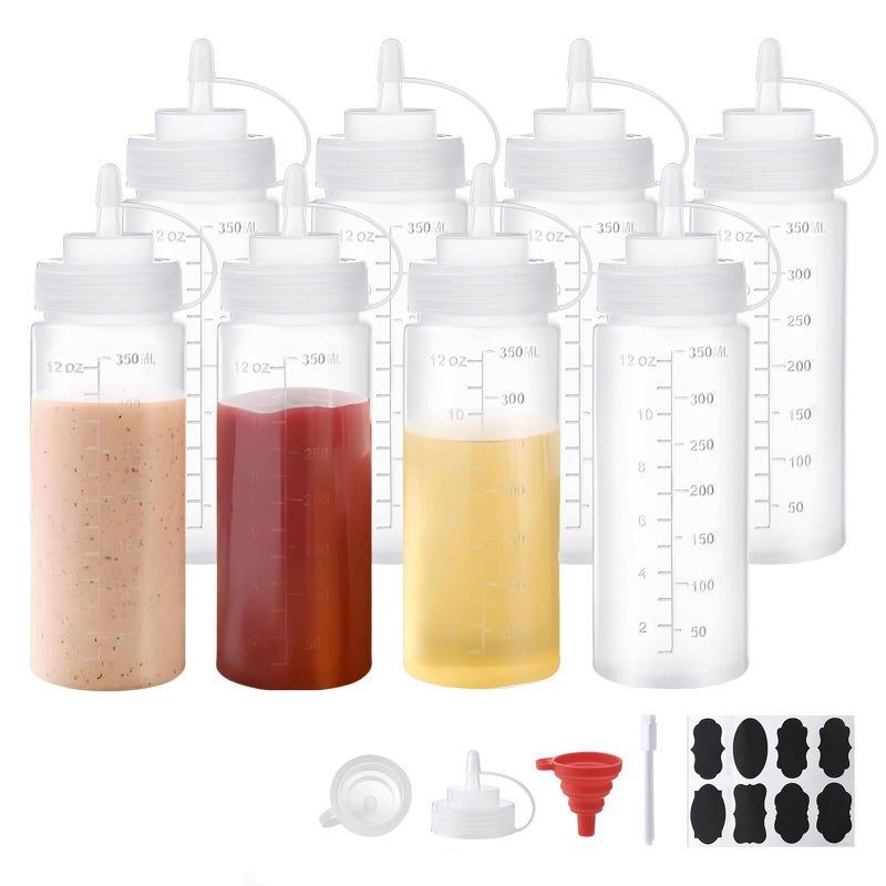Belinlen 8 Pack 12 oz Plastic Squeeze Squirt Condiment Bottles with Cap Lids - Perfect for Condiments, Oil, Icing, Liquidsâ€“Set of 8 with extra 1 Silicone Funnel, 8 Chalk Labels and 1 Pen - Image 1